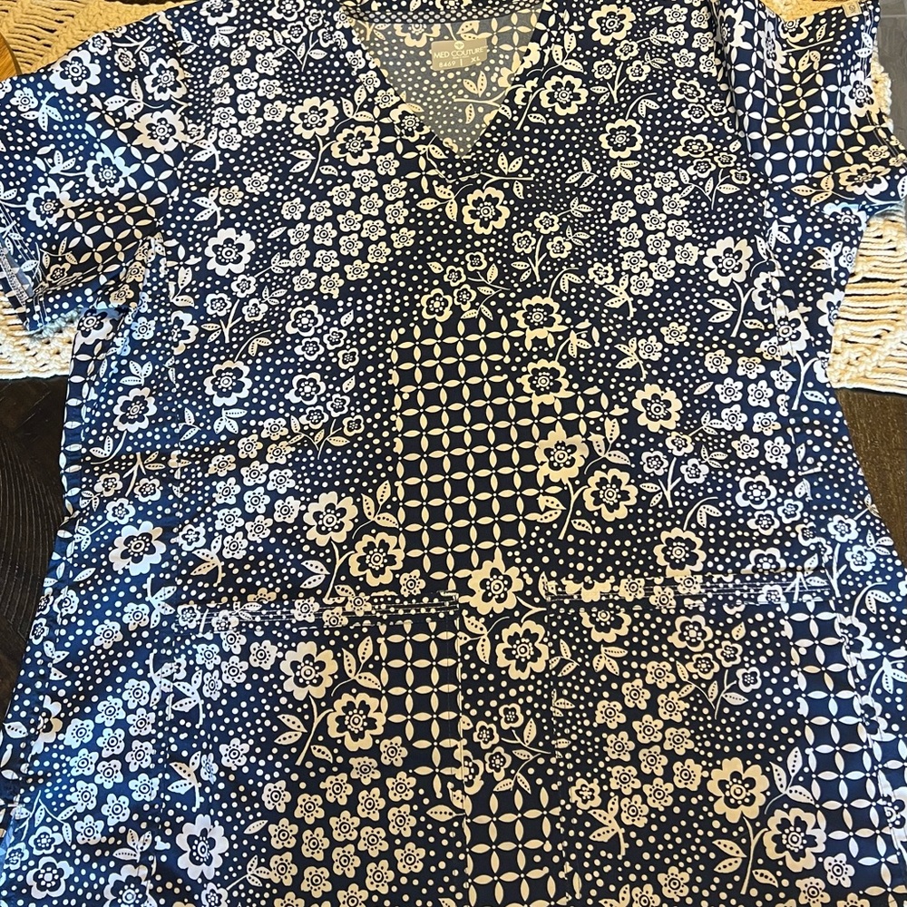 Med Couture Navy and White Floral Blouse